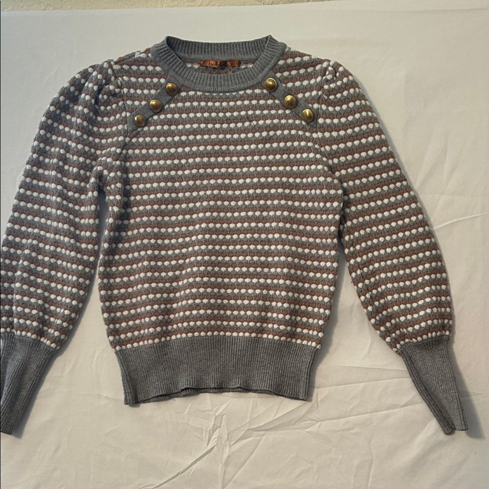 Gray & Brown Dot Knit Sweater with Button Detail